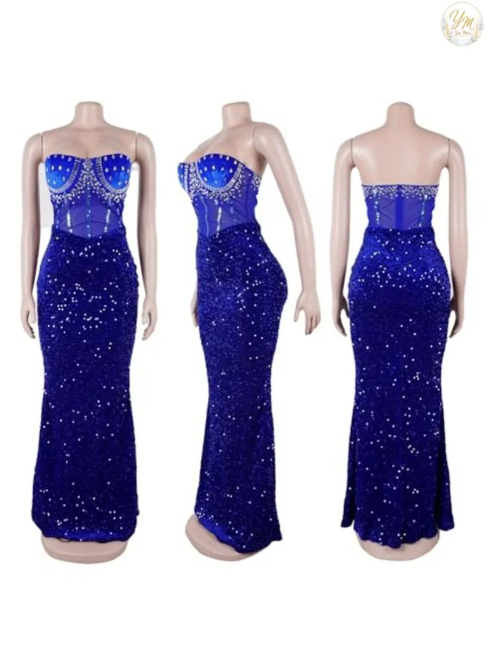 Rhinestone Mermaid Strapless Club Dress Sequin Bodycon Formal Maxi